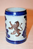 Unique 5.25" Tall Hand Crafted Blue German Pottery Stein w/ Glazed Lion Decor