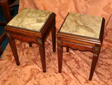 Pair Antique French Carved Oak Marble Top Nightstands w/ Brass Accents c. 1900