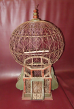 Antique Classic 34" Tall Lg Round Wire & Wooden Hanging Bird Cage w/ Swing Perch