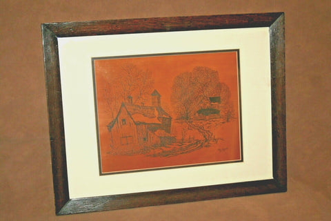 Vintage Les Barnett 1976 Signed Farm Scene Copper Etching in 22x18" Wood Frame