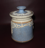 Vintage 7" Tall Blue & White Turned & Glazed Crackle Pottery Lidded Cookie Jar