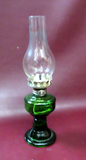 Antique Early 20th Century Small 12" Tall Green Glass Oil Lamp w/ Clear Chimney