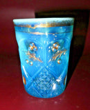 RARE Vintage 4" Translucent Blue Cut Glass & Gilt Christmas Holly Drinking Glass