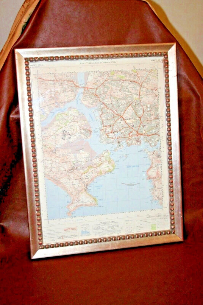 Vintage 1960 27" Framed Ordinance Survey Map - Plymouth Sound - English Channel