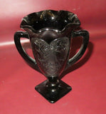 Vintage LE Smith 7" Black Amethyst Glass Dancing Nymph Heart Two Handle Urn Vase