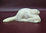 Vintage 5" Long Miniature White Faux Marble Beaver on Log Figurine