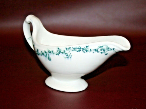 Vintage Shenango China 9" Long White Porcelain Gravy Boat w/ Blue-Green Trim