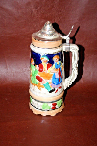 Vintage German Flip Lid 9.5" Pottery Musical Stein w/ Pub & Castle Scene