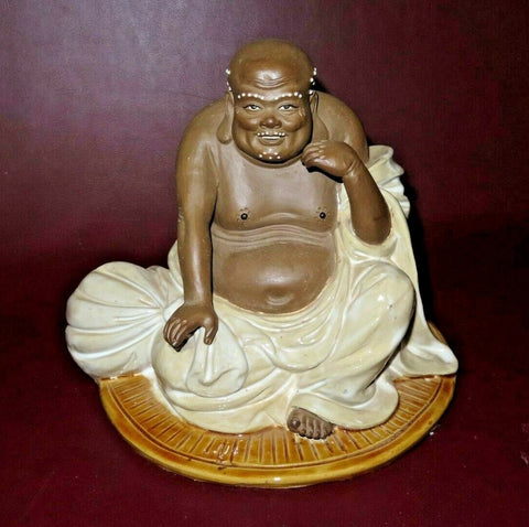 Vintage Chinese Signed Hand Sculpted 8" Beaded & Glazed Bisque Buddha Sculpture