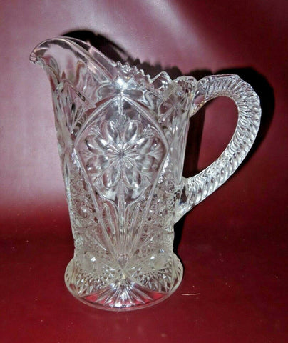 Vintage 9" Tall Fancy Clear Floral Pressed Glass Water Pitched w/ Sawtooth Lip