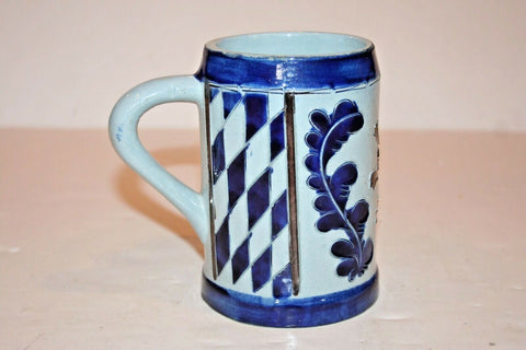 Unique 5.25" Tall Hand Crafted Blue German Pottery Stein w/ Glazed Lion Decor