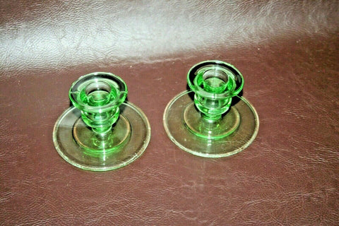 Pair Vintage 3.5" Art Deco Green Glass Candlestick Holders