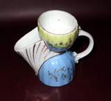 Antique Hand Painted 4" Tall Blue & Yellow European Style Porcelain Shaving Mug