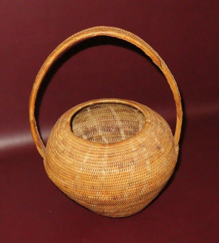 Vintage 13" Tall African Style Round Hand Woven Reed Basket w/ Handle