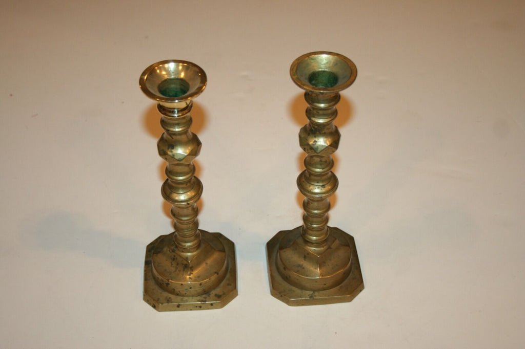 Antique Pair Ornate 9" Victorian English Brass Candlestick Holders w Square Base