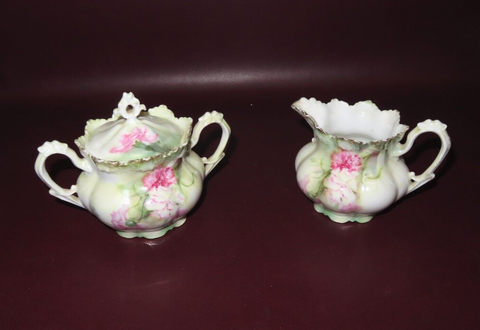 Antique R.S. Prussia Fine Porcelain Cream & Sugar w/ Pink & Green Floral Decor