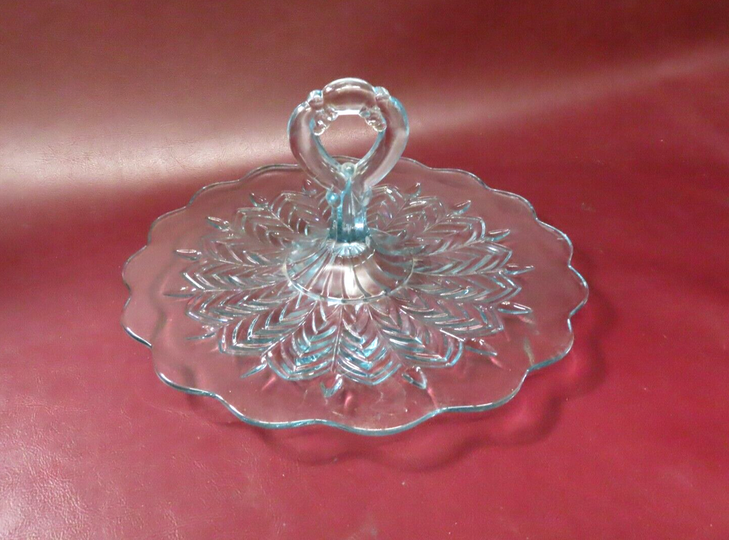 Vintage Center Handle 12" Ruffled Clear Blue Depression Glass Serving Platter