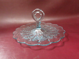 Vintage Center Handle 12" Ruffled Clear Blue Depression Glass Serving Platter