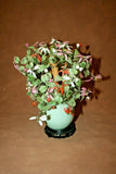 Vintage Lg Chinese Jade Leaf & Glass Cherry Blossom Bonsai Tree in Pot on Base