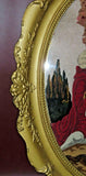 Antique French Style 30" Tall Oval Gilt Framed Needlepoint Couple in Courtyard