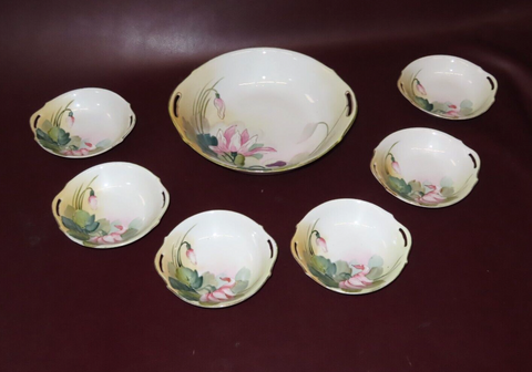 Vintage 7-pc Hand Painted Floral Nippon Berry Set Serving Bowl & 6 Small Bowls