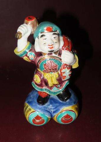 Vintage 6" Tall Japanese Style Hand Painted Buddha Figure on Barrels w/ Mallet
