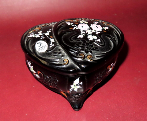 Vintage Fenton Black Glass Heart Shaped Trinket Box Hand Painted by A. Russell