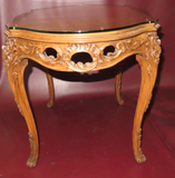 Antique Highly Carved French Marquetry Inlaid Wood Occasional Table w/ Glass Top