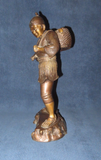 Vintage Solid Brass 16" Japanese Style Sculpture of Fisherman w/ Basket on Base