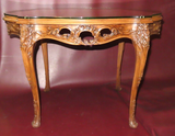 Antique Highly Carved French Marquetry Inlaid Wood Occasional Table w/ Glass Top