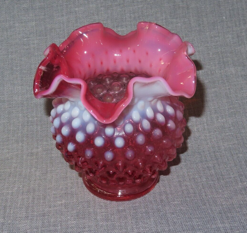 Vintage Fenton Style Round Cranberry & White Hobnail Art Glass Vase w/ Wavy Lip