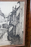 Antique Wood Framed Original Engraving of Canal & Cathedral Scene w/ Wheel Mark