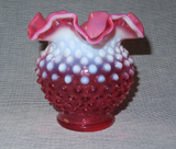 Vintage Fenton Style Round Cranberry & White Hobnail Art Glass Vase w/ Wavy Lip