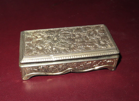 Vintage 4.5" Flip-Lid Felt-Lined Spelter Jewelry Trinket Box w/ Floral Decor