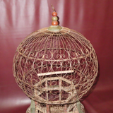 Antique Classic 34" Tall Lg Round Wire & Wooden Hanging Bird Cage w/ Swing Perch