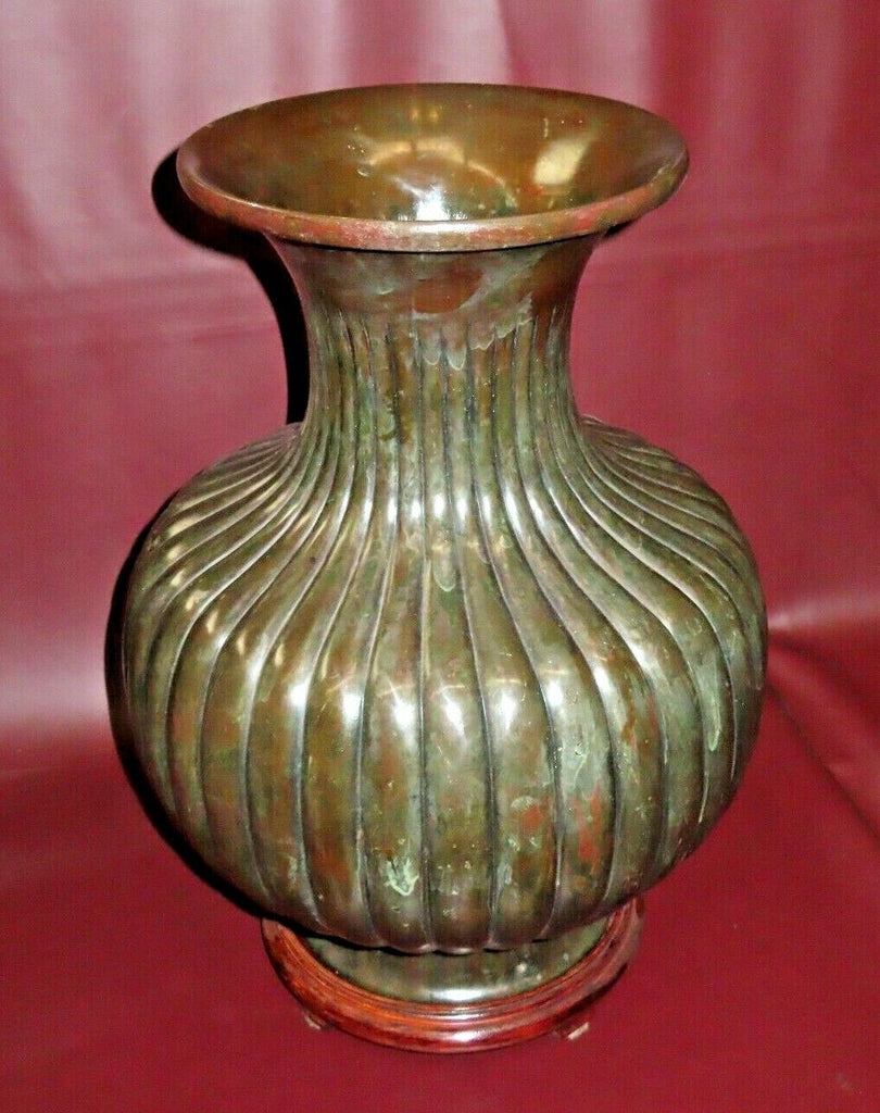 Vintage Asian Style 24" Large Heavy Solid Brass Vase w/ Open Base on Wood Stand