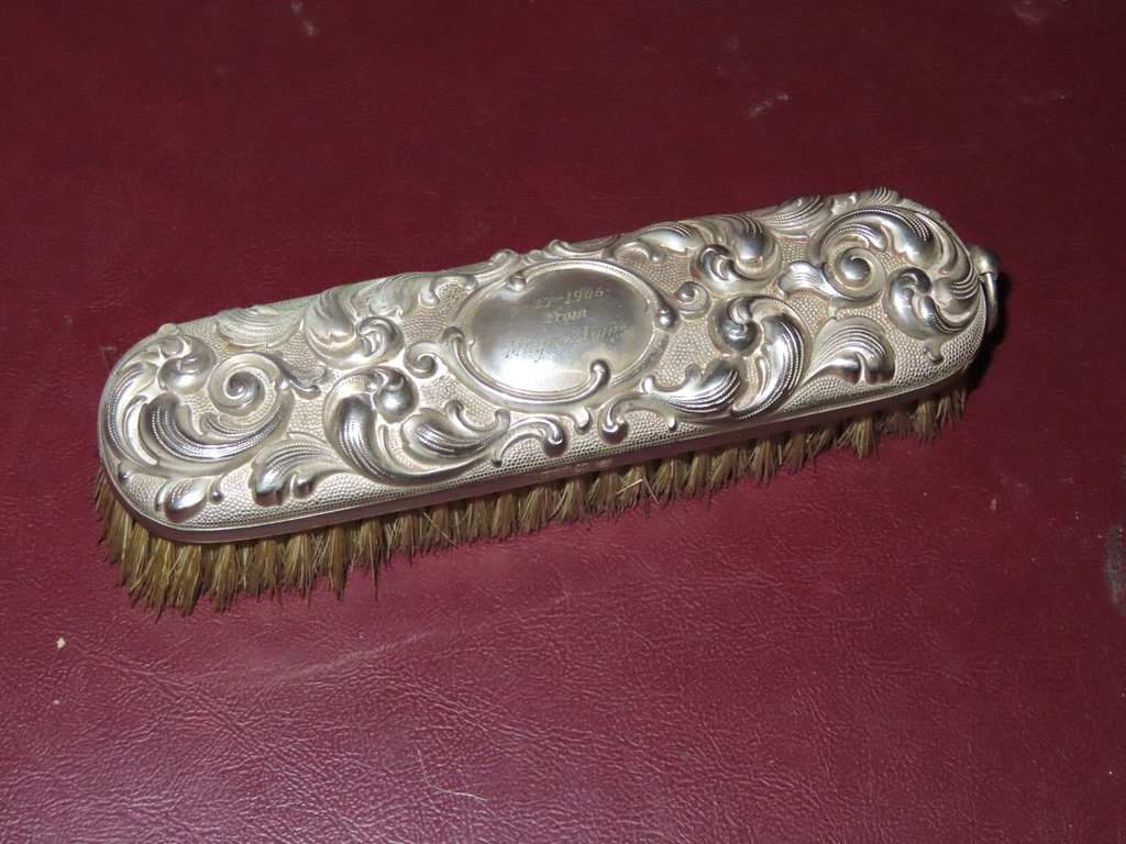 Antique 7.5" Long Ornate Silverplate Clothing Brush - Engraved May to Amos 1906