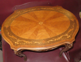 Antique Highly Carved French Marquetry Inlaid Wood Occasional Table w/ Glass Top