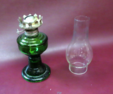 Antique Early 20th Century Small 12" Tall Green Glass Oil Lamp w/ Clear Chimney