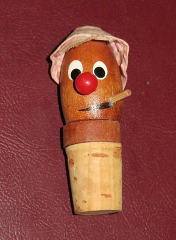 Vintage Hand Painted Wood & Cork Wine Bottle Stopper - Man Smoking Cigar in Hat