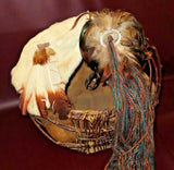 Vintage Large SW Native American Style Hand Made Twig Bark Feather & Fur Basket