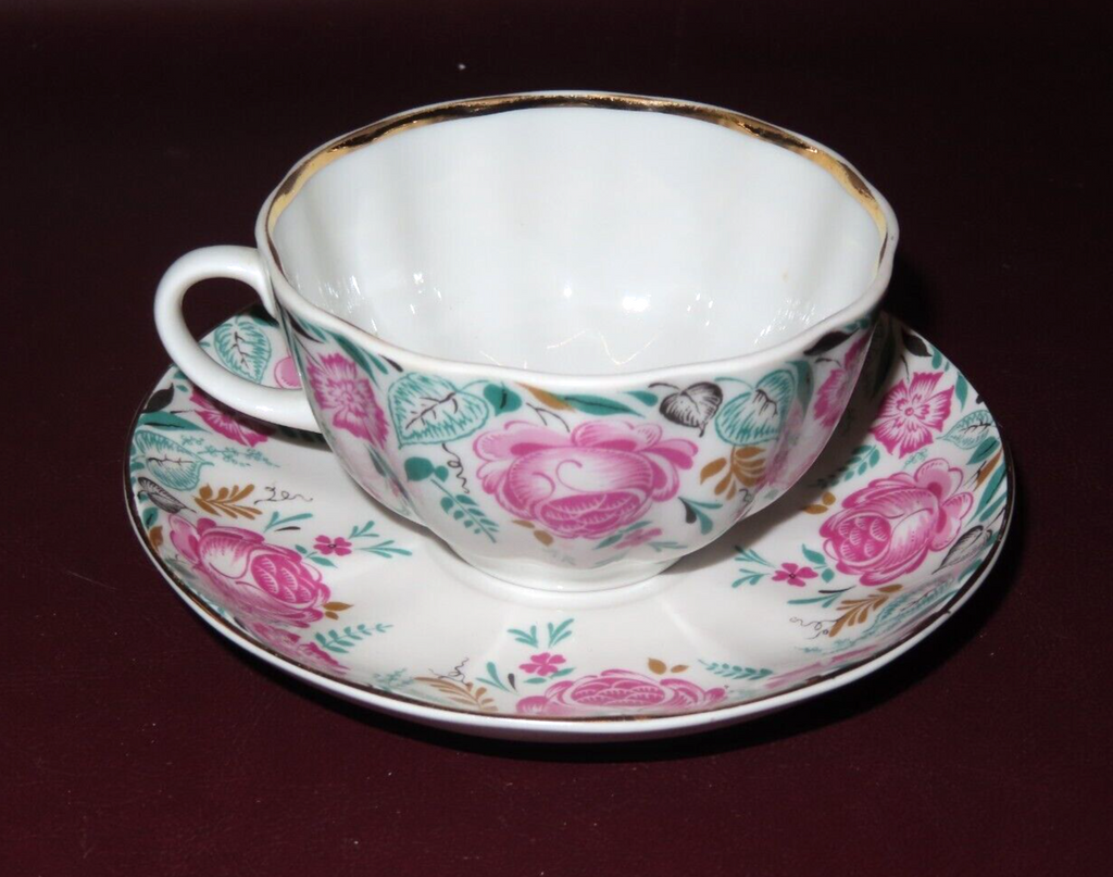 Vintage Lomonosov Porcelain Cup & Saucer w/ Rose Floral Pattern - Made in Russia