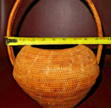 Vintage 13" Tall African Style Round Hand Woven Reed Basket w/ Handle