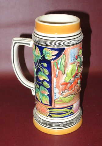 Vintage Gerz 8.5" Tall "Profit" German Ceramic Beer Stein Colorful Tavern Scene