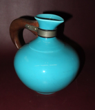 Vintage Metlox Poppytrail 238 Aqua Blue Turquoise Ceramic Pitcher w/ Wood Handle