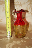 Antique Miniature 5" Tall Amberina Crackle Glass Pitcher w/ Wavy Lip & Handle