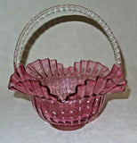 Vintage 10" Fenton Style Cranberry Glass Brides Basket w/ Ruffled Lip & Handle