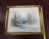 Antique Framed 16x19" Signed Edward T Gibbs Pastel Painting Winter Cottage Scene