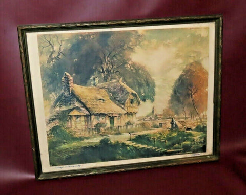 Vintage Al Mettel Wood Framed Brown & Bigelow Color Print - Cottage in Normandy