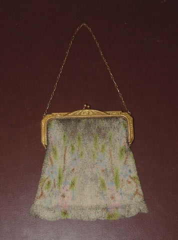 Vintage 6" Whiting & David Brass & Mesh Floral Pattern Handbag Purse w/ Chain